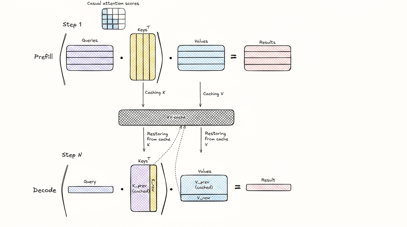 KV cache: prefill caches K and V, decode restores them and appends the new token